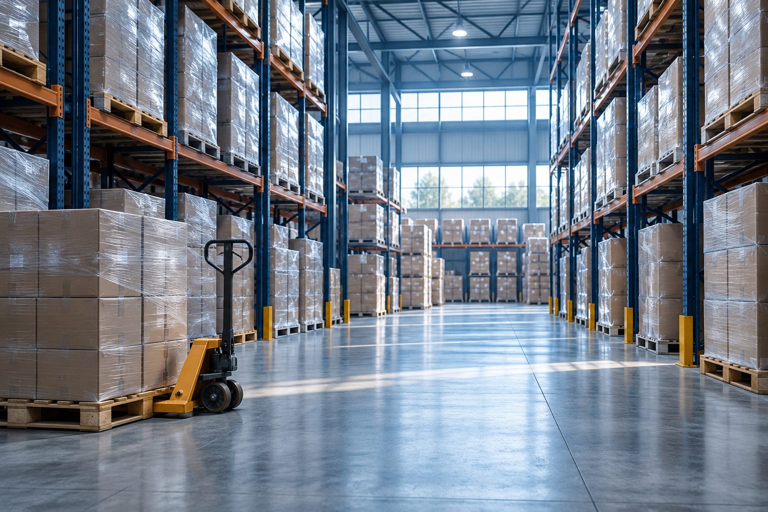 Warehouse aisle with pallets of supplies