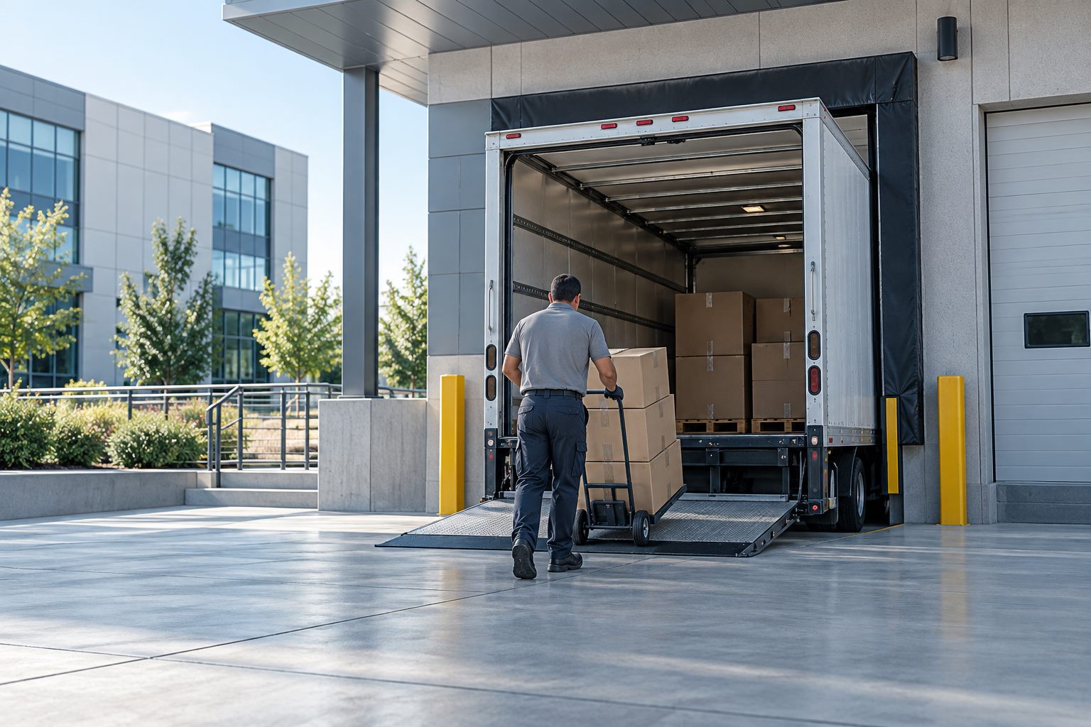 Boxed supplies being delivered at a building loading dock